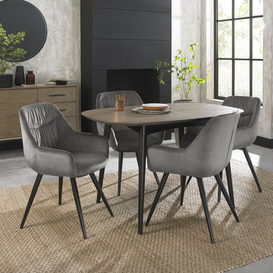 4 Seater 129cm Weathered Oak Table Set with 4 Grey Armchairs Featuring Black Legs and a Pleated Pattern