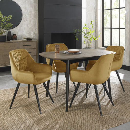 4 Seater 129cm Weathered Oak Table Set with 4 Mustard Velvet Dining Chairs Featuring Black Legs and a Pleated Pattern