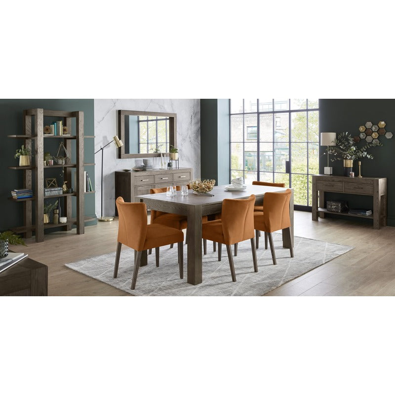 6-8 Seater Extending Dining Set: 165-225cm Table & 6 Low Back Pumpkin Velvet Chairs with Solid Oak Legs