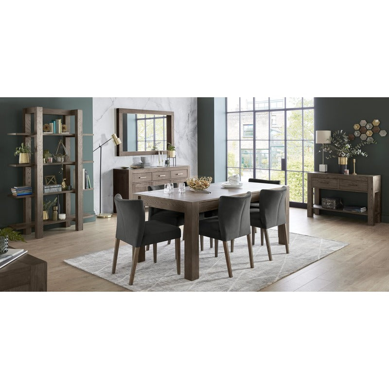 6-8 Seater Extending Dining Set: 165-225cm Table & 6 Grey Low Back Upholstered Chairs with Solid Oak Legs