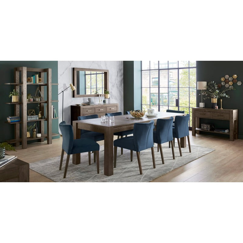 6-10 Seater Extending Dining Set: 185-245cm Table & 8 Low Back Dark Blue Velvet Chairs with Solid Oak Legs