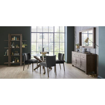 4 Seater Round Dining Set: 102cm Dark Oak Table & 4 Low Back Grey Upholstered Chairs with Solid Oak Legs