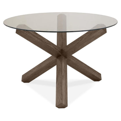 4 Seater Round Dining Set: 102cm Dark Oak Table & 4 Low Back Grey Upholstered Chairs with Solid Oak Legs