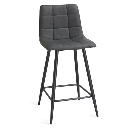 Pair of Dark Grey Faux Leather Bar Stools with Square Stitched Upholstery and Sand Black Powder Coated Legs