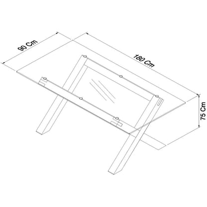 4-6 Seater 180cm Light Oak Dining Table with Tempered Glass Top & Cross Legs