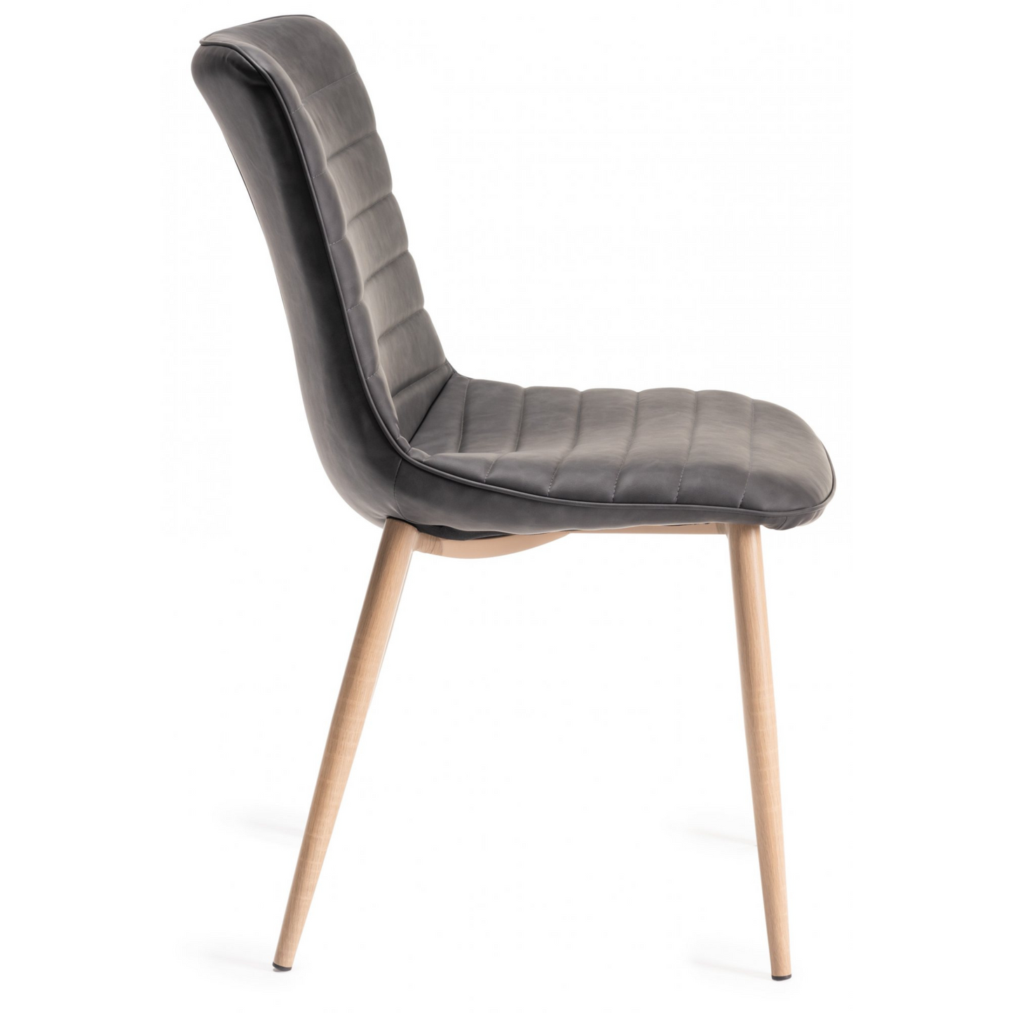 Pair of Faux Leather Dining Chairs in Dark Grey with Horizontal Stitching and Oak Effect Wooden Legs