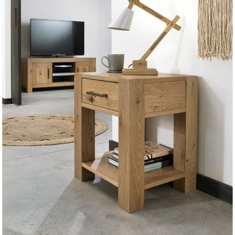 Chunky Light Oak Square Side Table with Soft Close Draw & Storage Shelf