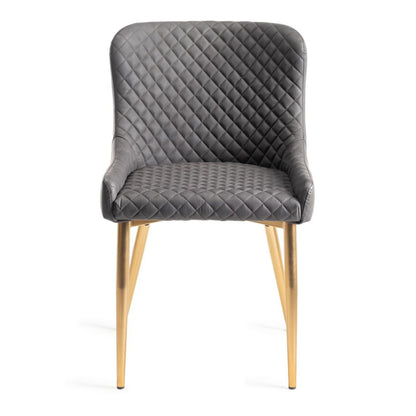 Pair of Faux Leather Dining Armchairs in Dark Grey with Diamond Quilted Stitching and Gold Metal Legs