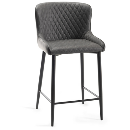 Pair of Dark Grey Faux Leather Bar Stools with Diamond Stitched Upholstery and Sand Black Metal Legs