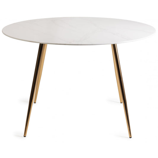 4 Seater Round 120cm White Marble Effect Dining Table with Tempered Glass and Gold Metal Legs