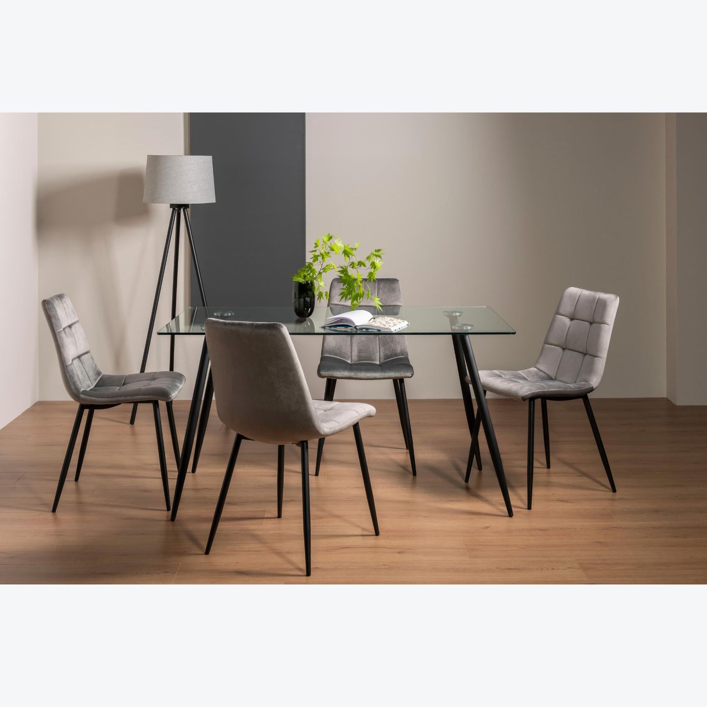 4 Seater Rectangle 140cm Tempered Glass Dining Table Set with 4 Light Grey Velvet Chairs