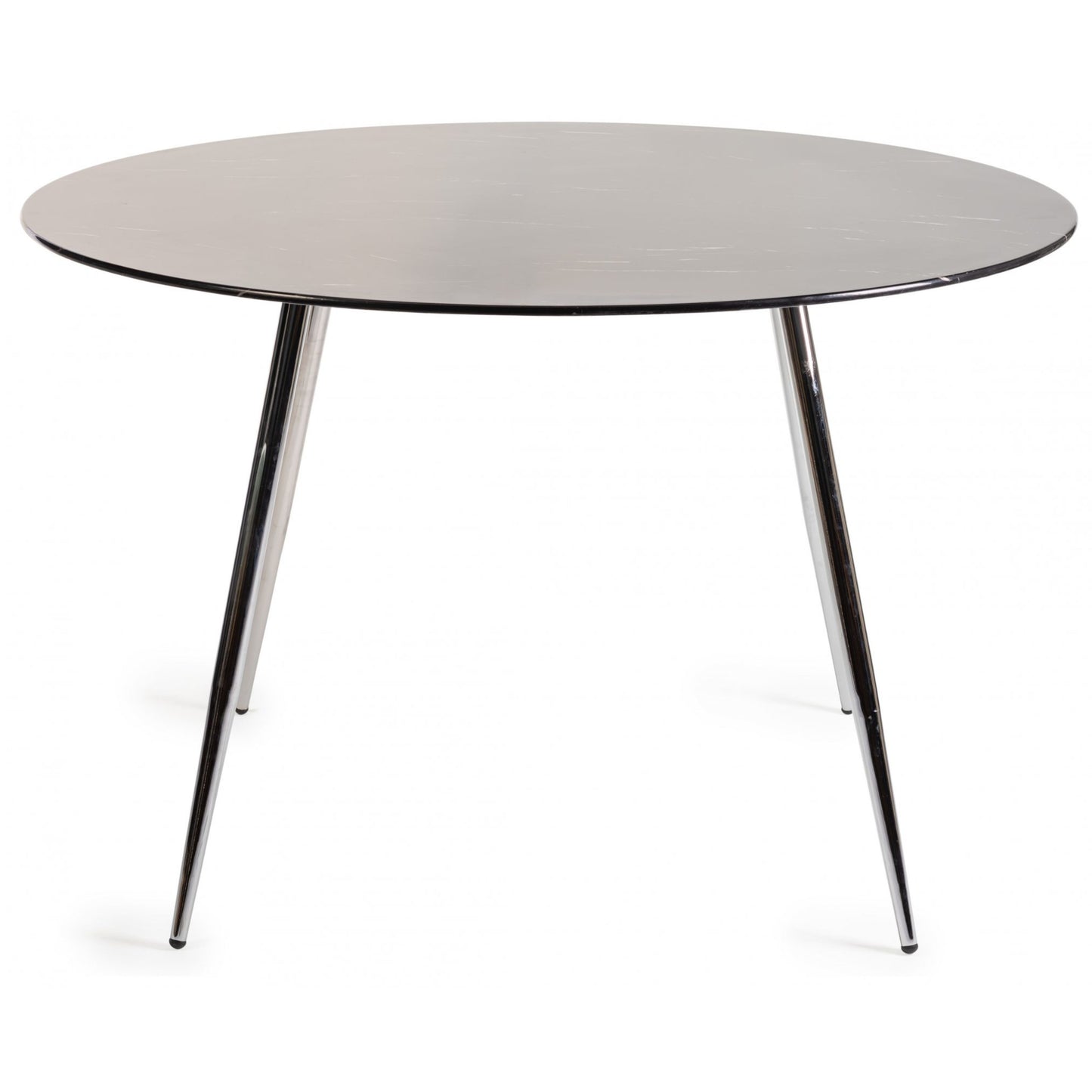 4 Seater Round 120cm Black Marble Effect Table with Tempered Glass and Nickel-Plated Round Metal Legs