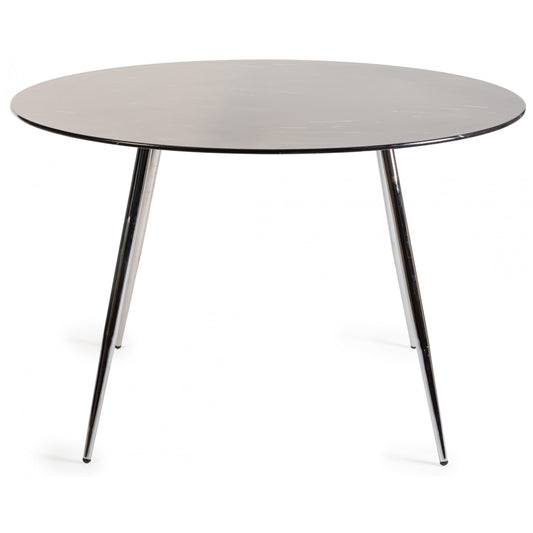 4 Seater Round 120cm Black Marble Effect Table with Tempered Glass and Nickel-Plated Round Metal Legs