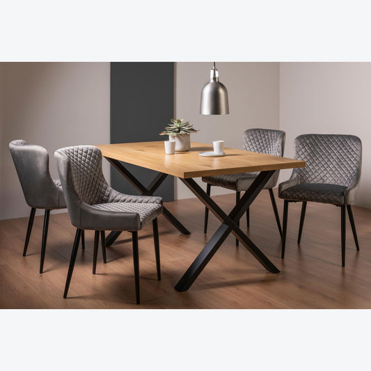 6 Seater 160cm Rectangle Oak Effect Dining Table Set with 4 Grey Velvet Armchairs Featuring Diamond Quilted Stitching.