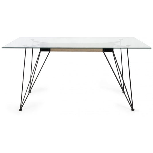 6 Seater Rectangle 160cm Tempered Glass Dining Table Featuring Black Twisted Steel Rod Legs