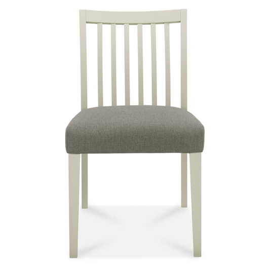 Pair of Grey Washed Low Slat Back Dining Chairs with with 100% Polyester Titanium Coloured Fabric Seat