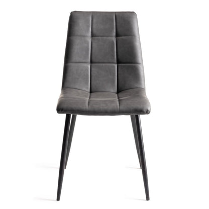 Pair of Dark Grey Faux Leather Dining Chairs with Square Stitched Upholstery and Sand Black Metal Legs