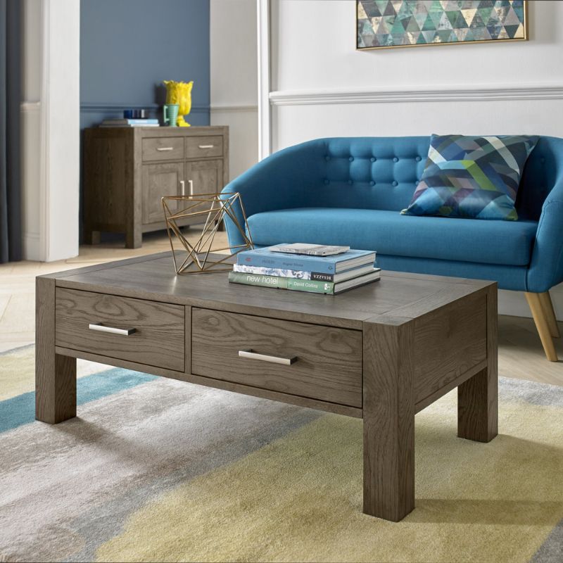 Dark Oak Coffee Table with Drawers and Brushed Nickel Handles