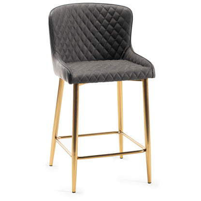 Pair of Dark Grey Faux Leather Bar Stools with Diamond Stitched Upholstery and Matt Gold Metal Legs