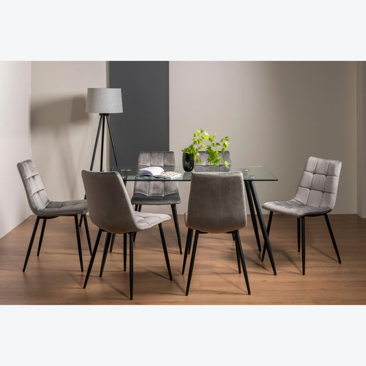 6 Seater Rectangle 140cm Tempered Glass Dining Table Set with 6 Light Grey Velvet Chairs