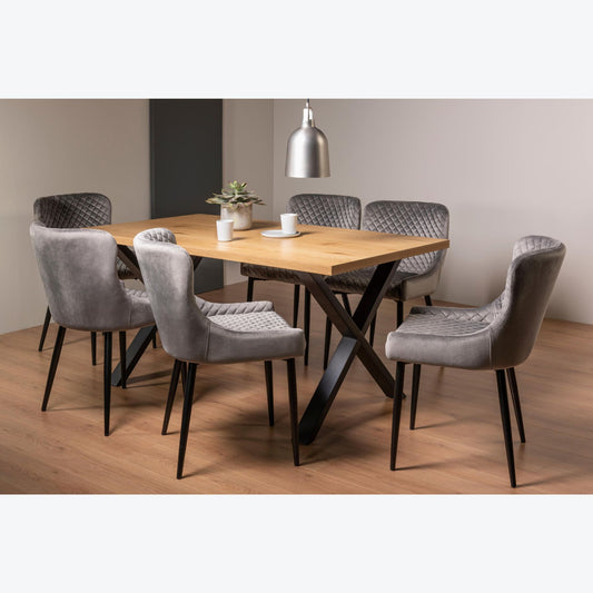 6 Seater 160cm Rectangle Oak Effect Dining Table Set with 6 Grey Velvet Armchairs Featuring Diamond Quilted Stitching.