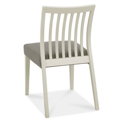 Pair of Grey Washed Low Slat Back Dining Chairs with with 100% Polyester Titanium Coloured Fabric Seat