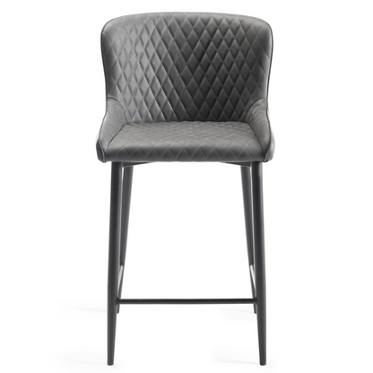 Pair of Dark Grey Faux Leather Bar Stools with Diamond Stitched Upholstery and Sand Black Metal Legs