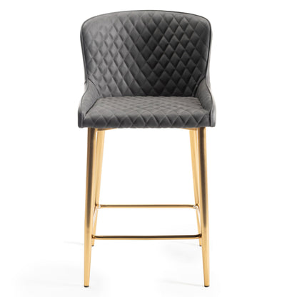 Pair of Dark Grey Faux Leather Bar Stools with Diamond Stitched Upholstery and Matt Gold Metal Legs