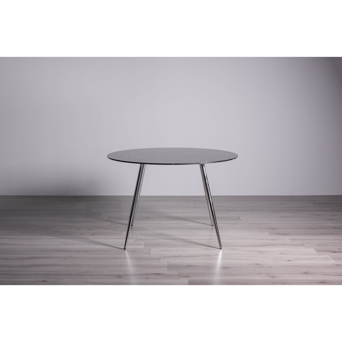 4 Seater Round 120cm Black Marble Effect Table with Tempered Glass and Nickel-Plated Round Metal Legs