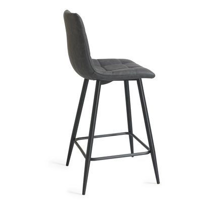 Pair of Dark Grey Faux Leather Bar Stools with Square Stitched Upholstery and Sand Black Powder Coated Legs