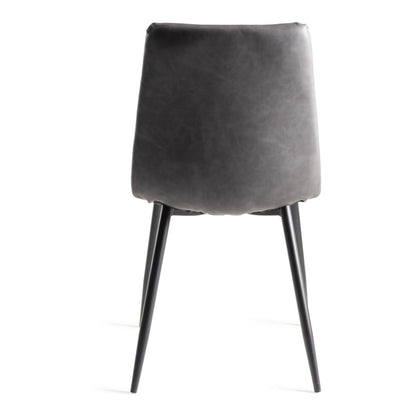 Pair of Dark Grey Faux Leather Dining Chairs with Square Stitched Upholstery and Sand Black Metal Legs