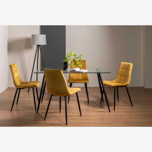 4 Seater Rectangle 140cm Tempered Glass Dining Table Set with 4 Mustard Velvet Chairs