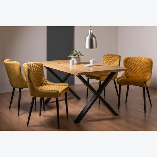 6 Seater 160cm Rectangle Oak Effect Dining Table Set with 4 Mustard Velvet Armchairs Featuring Diamond Quilted Stitching.