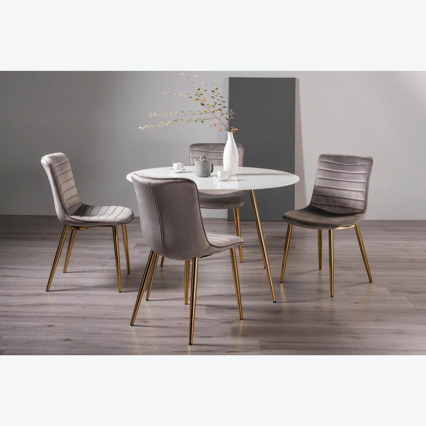 4 Seater Round 120cm Marble Effect on Tempered Glass Table Set with 4 Light Grey Velvet Dining Chairs Featuring Gold Legs