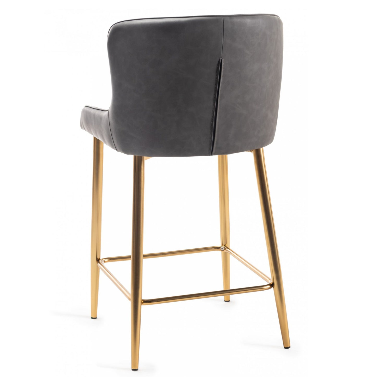 Pair of Dark Grey Faux Leather Bar Stools with Diamond Stitched Upholstery and Matt Gold Metal Legs