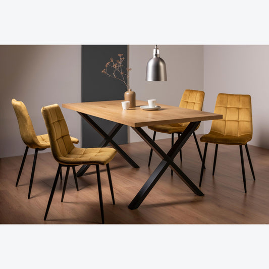 4 Seater 160cm Rectangle Oak Effect Dining Table with 4 Mustard Velvet Chairs