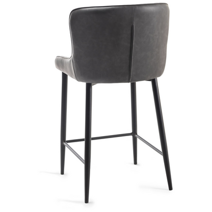 Pair of Dark Grey Faux Leather Bar Stools with Diamond Stitched Upholstery and Sand Black Metal Legs