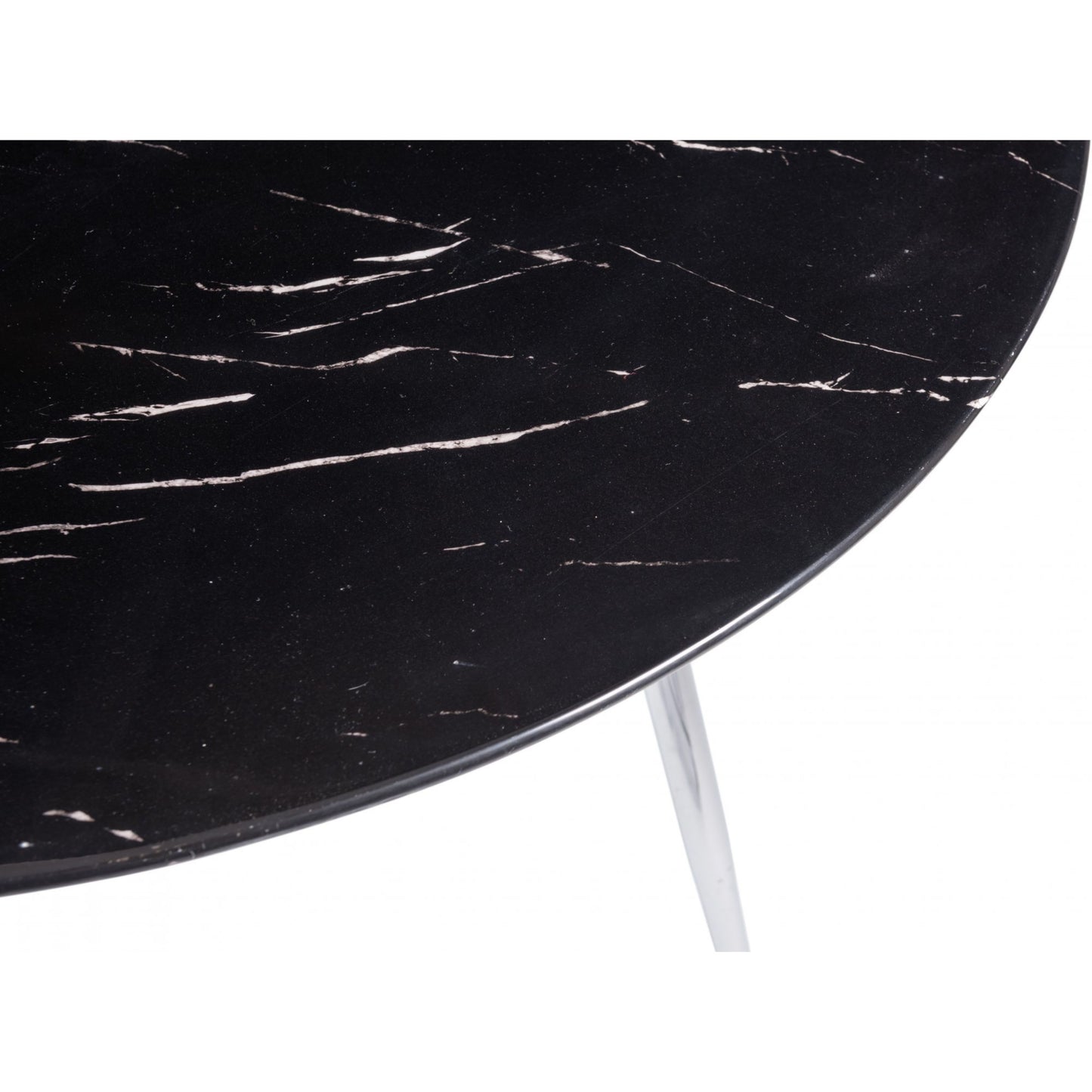 4 Seater Round 120cm Black Marble Effect Table with Tempered Glass and Nickel-Plated Round Metal Legs