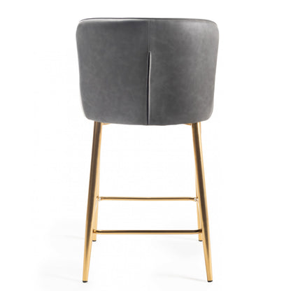 Pair of Dark Grey Faux Leather Bar Stools with Diamond Stitched Upholstery and Matt Gold Metal Legs