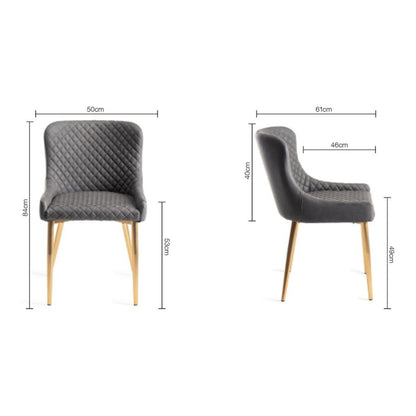 Pair of Faux Leather Dining Armchairs in Dark Grey with Diamond Quilted Stitching and Gold Metal Legs