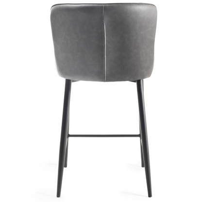 Pair of Dark Grey Faux Leather Bar Stools with Diamond Stitched Upholstery and Sand Black Metal Legs