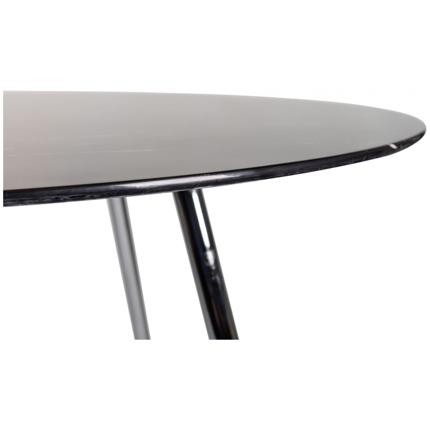 4 Seater Round 120cm Black Marble Effect Table with Tempered Glass and Nickel-Plated Round Metal Legs