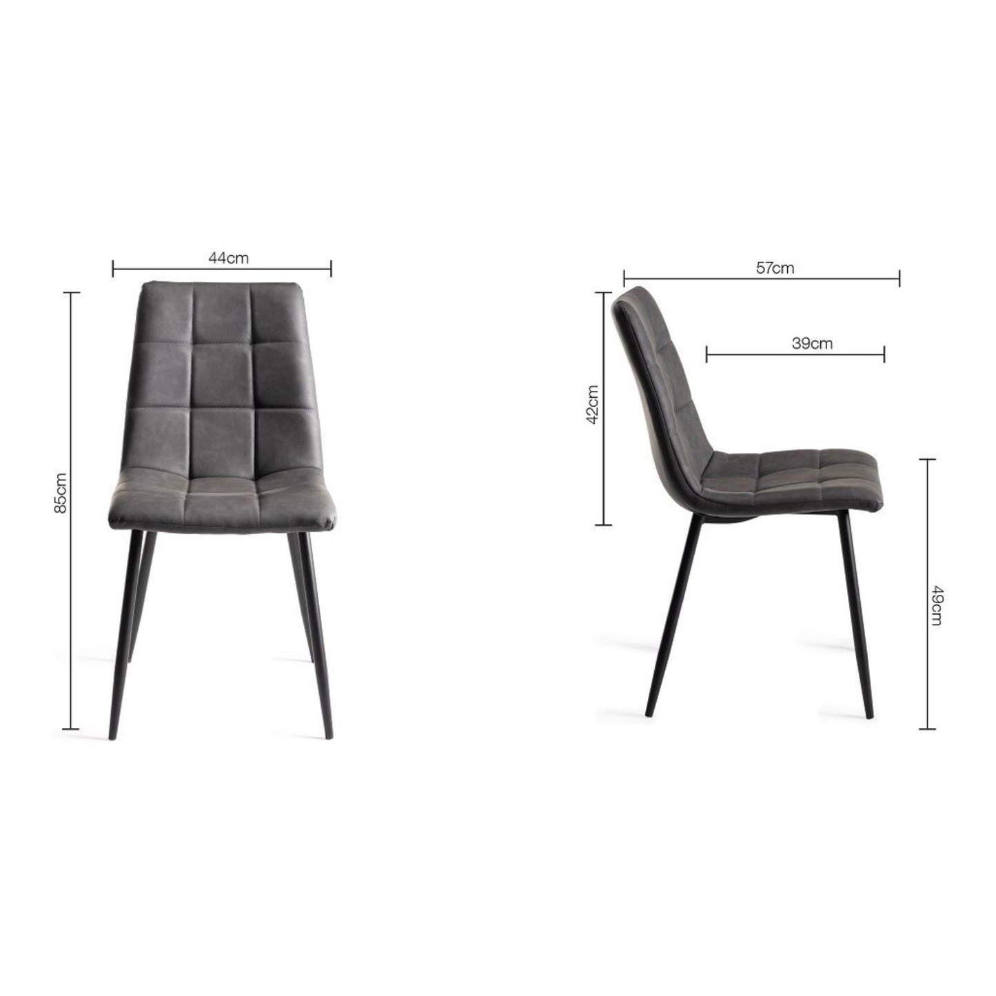 Pair of Dark Grey Faux Leather Dining Chairs with Square Stitched Upholstery and Sand Black Metal Legs