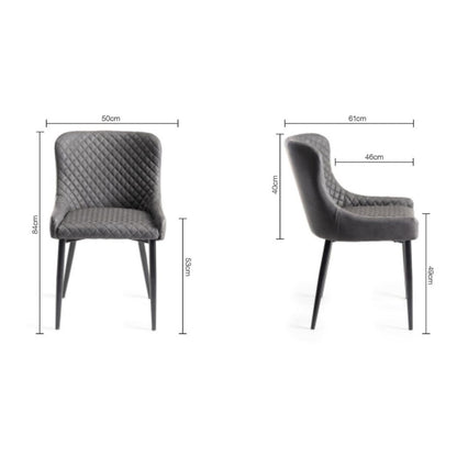 Pair of Faux Leather Dining Armchairs in Dark Grey with Diamond Quilted Stitching and Black Metal Legs