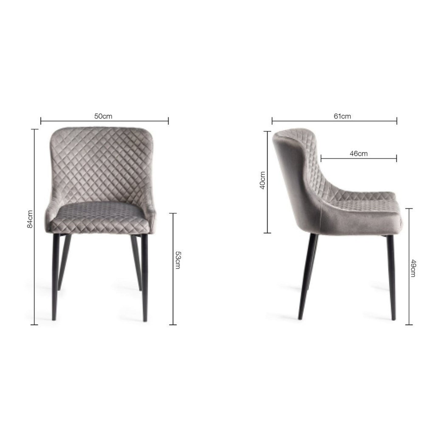 Pair of Velvet Fabric Dining Armchairs with Diamond Quilted Stitching and Black Metal Legs in a Choice of Three Colours