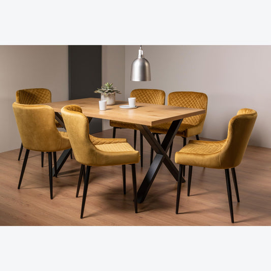 6 Seater 160cm Rectangle Oak Effect Dining Table Set Featuring X-shaped Rectangular Metal Legs