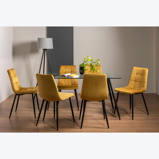 6 Seater Rectangle 140cm Tempered Glass Dining Table Set with 6 Mustard Velvet Chairs