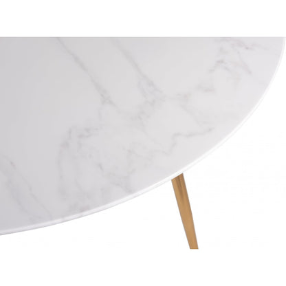 4 Seater Round 120cm White Marble Effect Dining Table with Tempered Glass and Gold Metal Legs