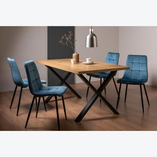 4 Seater 160cm Rectangle Oak Effect Dining Table with 4 Blue Velvet Chairs