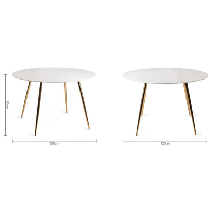 4 Seater Round 120cm White Marble Effect Dining Table with Tempered Glass and Gold Metal Legs